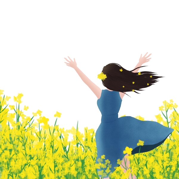 少女在油菜花田的背影