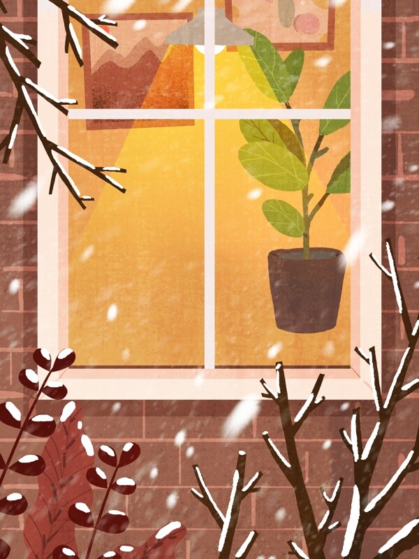 冬季下雪天窗内的盆栽背景设计