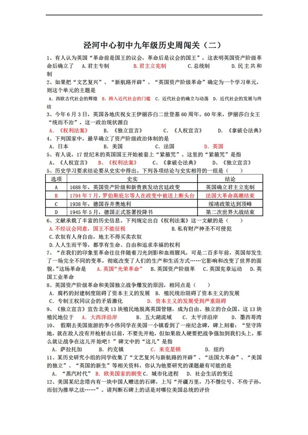 九年级上册历史山东泾河中心初中九年级上册第一单元闯关演练试卷二