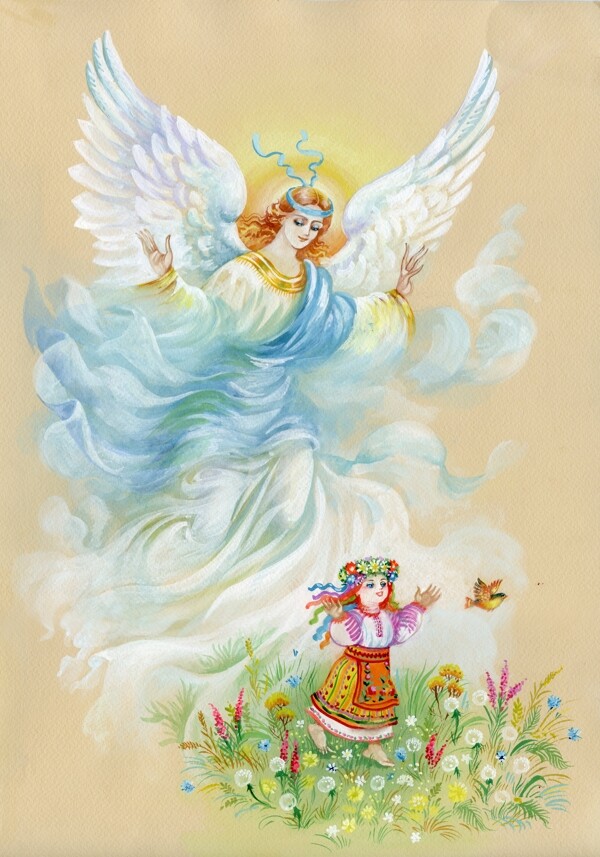 小女孩与天使插画图片