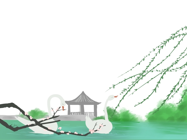 春天风景江南山水雅致装饰底框湖绿色海报边框