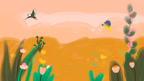 彩绘植物天空小鸟插画背景