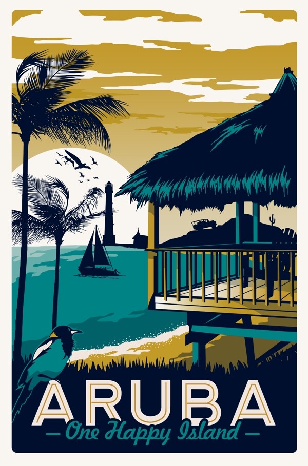装饰色彩风景版画岸边沙滩海报