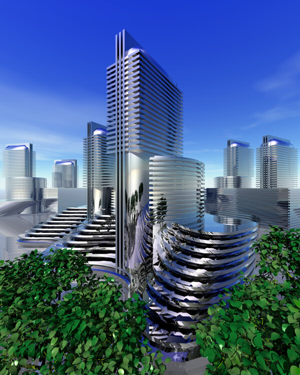 商業(yè)空間樓房建筑效果圖高樓大廈高科技區(qū)水滴科幻