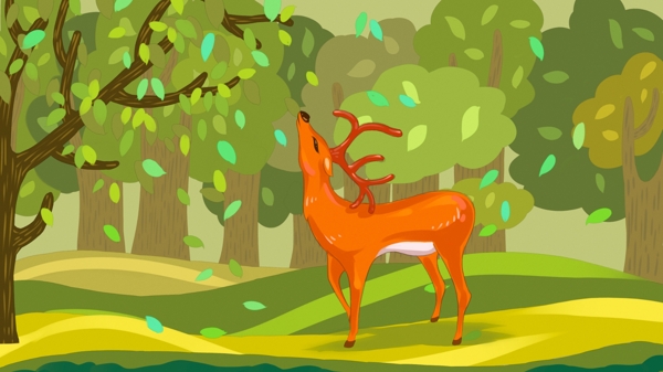 森林里抬头吃树叶的鹿原创插画