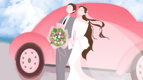 粉色汽车婚礼场景婚纱鲜花西装小清新插画