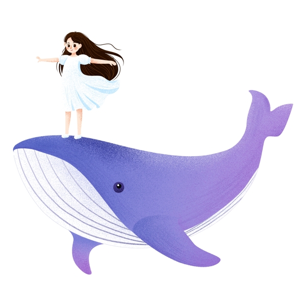 唯美手绘鲸鱼背上的女孩png元素