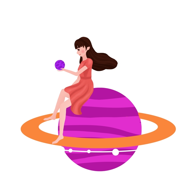 坐在星球上的女孩圖案元素