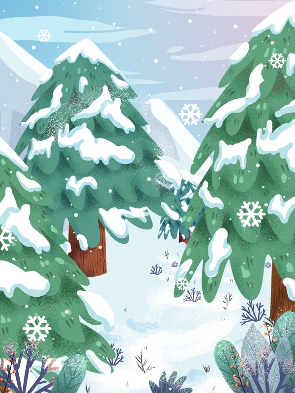 彩绘冬季大寒节气树林雪地背景设计