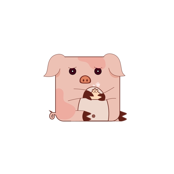 趣味卡通扁平化方形动物小猪形象插图元素