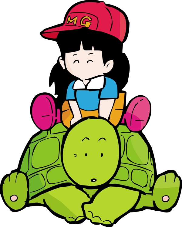 騎在烏龜上的小女孩