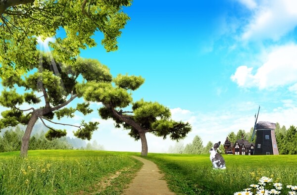 藍(lán)色天空白云植物花草樹草園建筑物蝴蝶PSD分層源文件韓國花紋圖庫