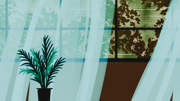 窗户植物飘起的窗帘背景
