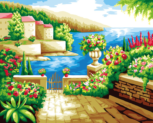 地中海花园数字油画图片