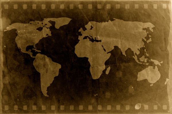 在电影带背景葡萄酒世界地图