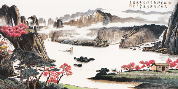 壯麗流水桃林風(fēng)光裝飾畫