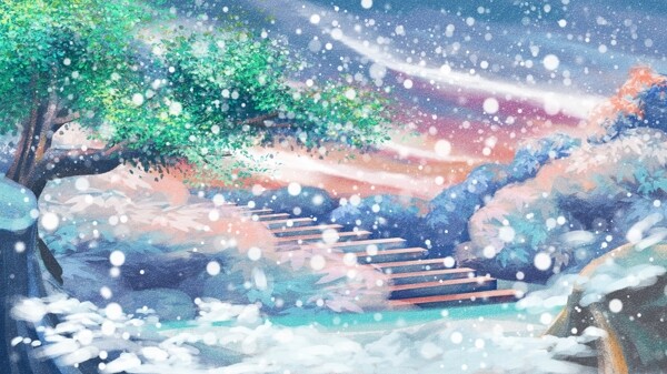 梦幻雪山大雪背景彩绘设计