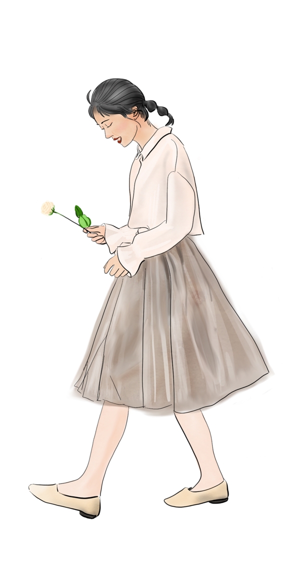 拿着花的白衣纱裙少女