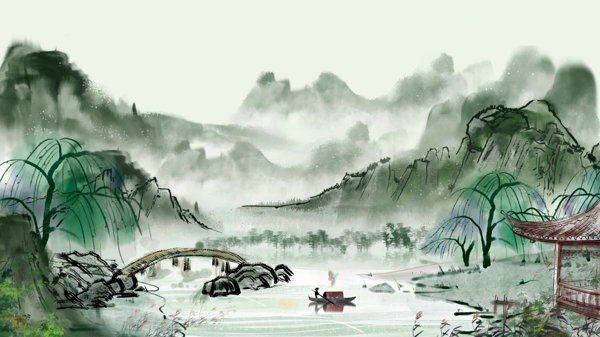 唯美复古中国风水墨画水彩画插画