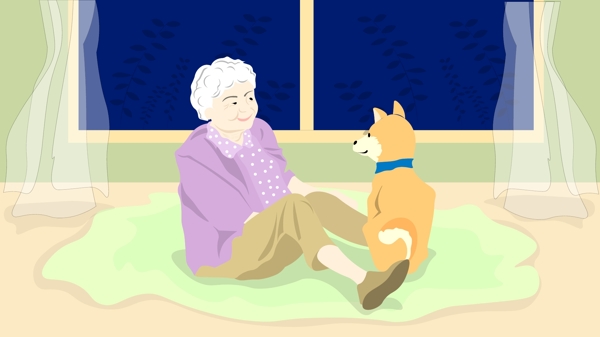 老奶奶和她的萌宠柴犬插画
