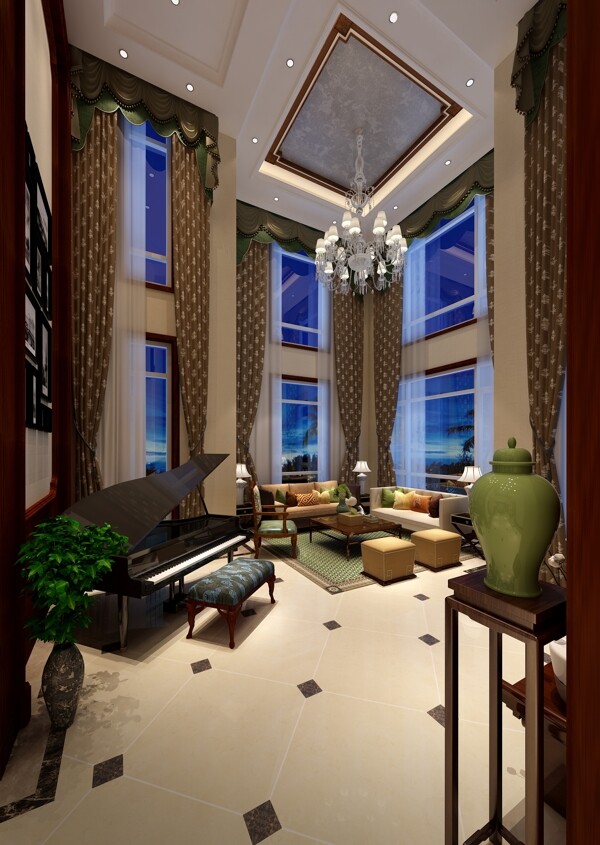 现代时尚风格客厅钢琴室内装修效果图