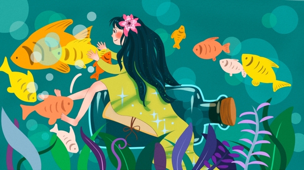 女孩与漂流瓶坐在瓶子上捉鱼的女孩唯美插画