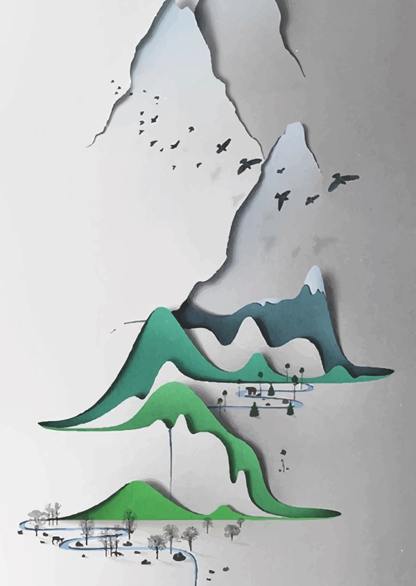 山水畫大雁鄉(xiāng)村