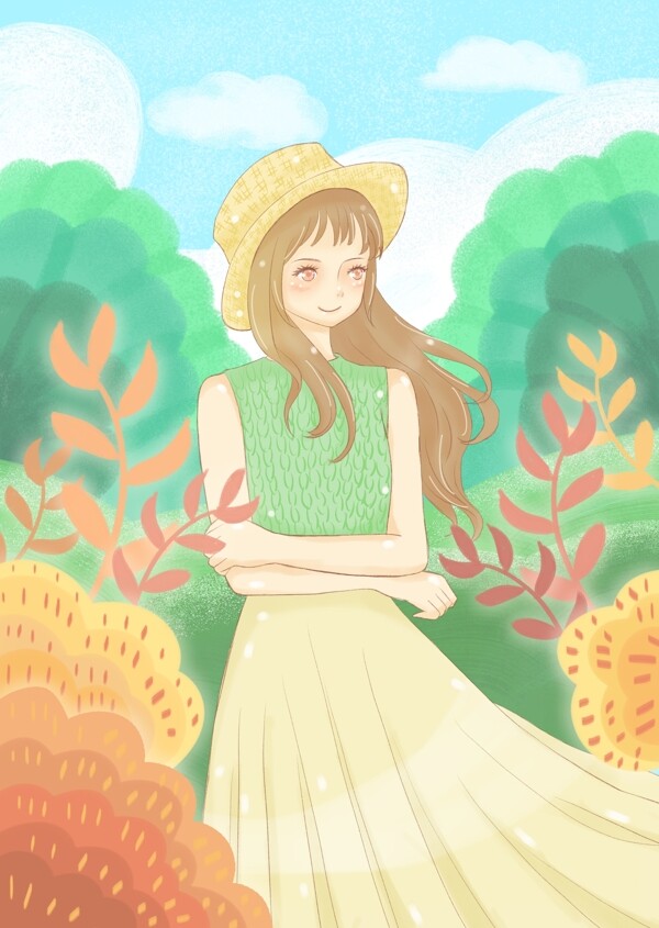 立夏夏天的微风手绘长发女孩长裙草帽