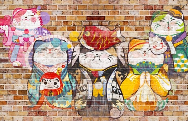 招财猫涂鸦砖块背景墙海报背景素材纹理特效