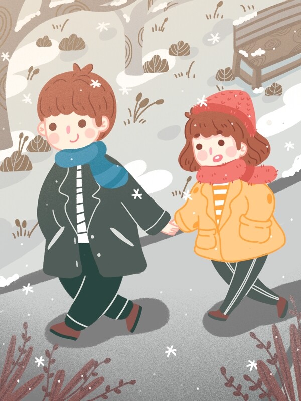 唯美冬季下雪天情侣树林里在公园里散步雪花