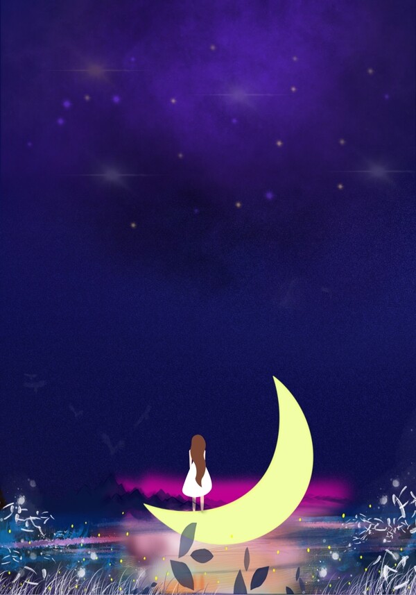 梦幻紫色仲夏之夜月亮女孩背景
