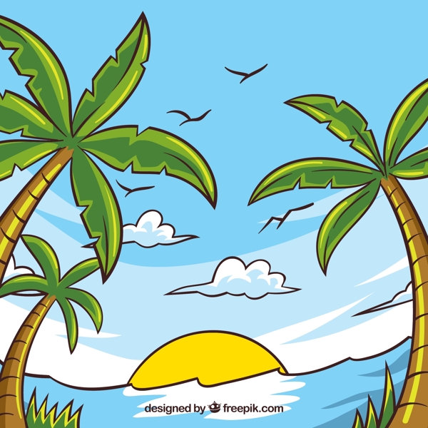 彩绘沙滩椰树风景图片