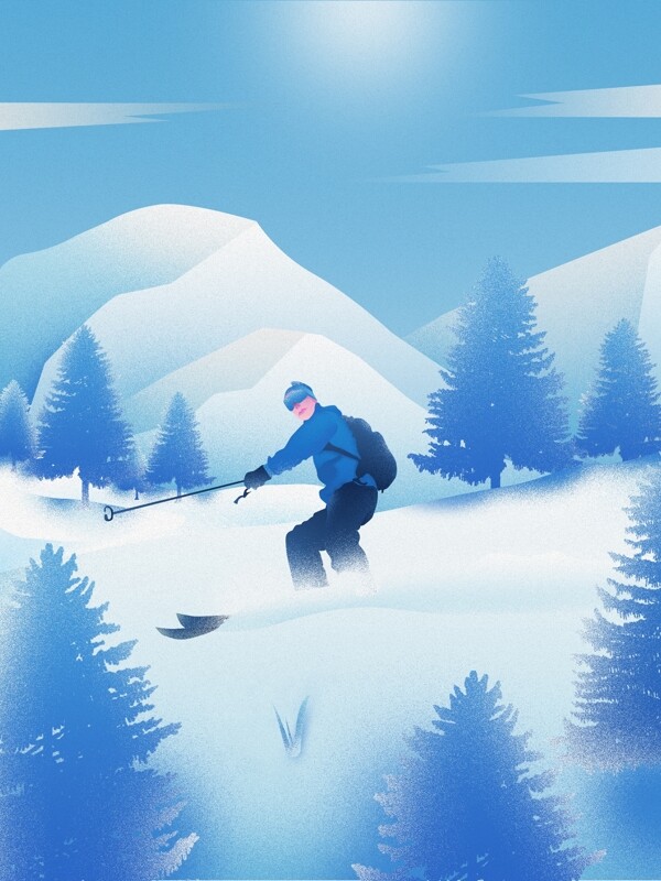 高山滑雪场景肌理写实插画