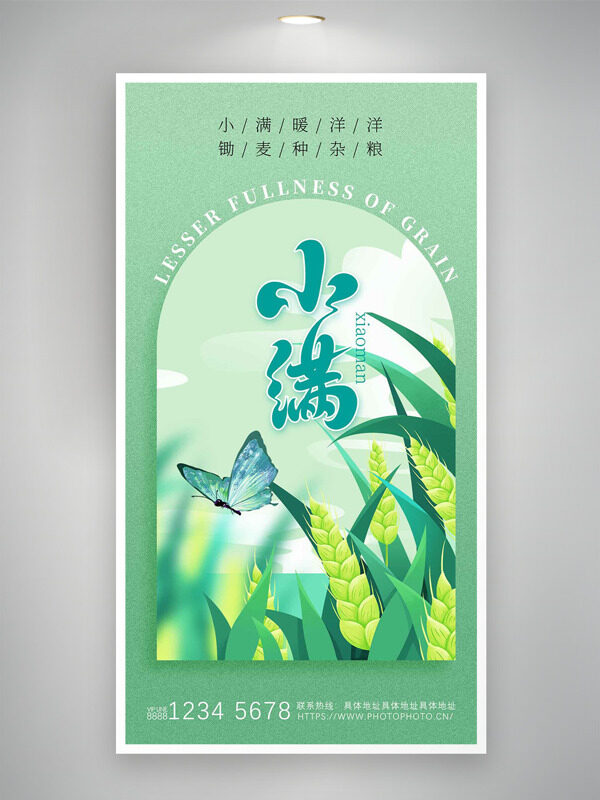 綠色主題蝴蝶在麥田飛舞插畫小滿海報