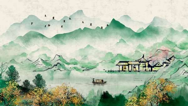 复古唯美中国风水墨画水彩画插画