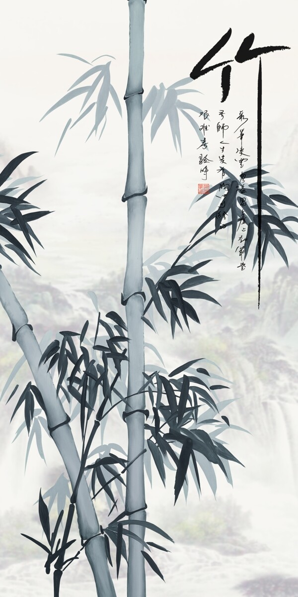竹子中式传统玄关花鸟植物画
