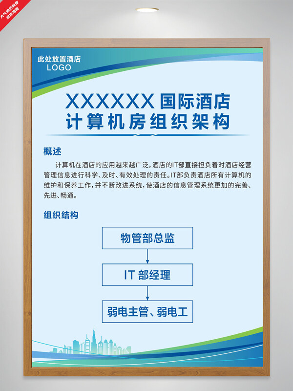簡約大氣藍色背景酒店計算機房組織架構(gòu)制度海報