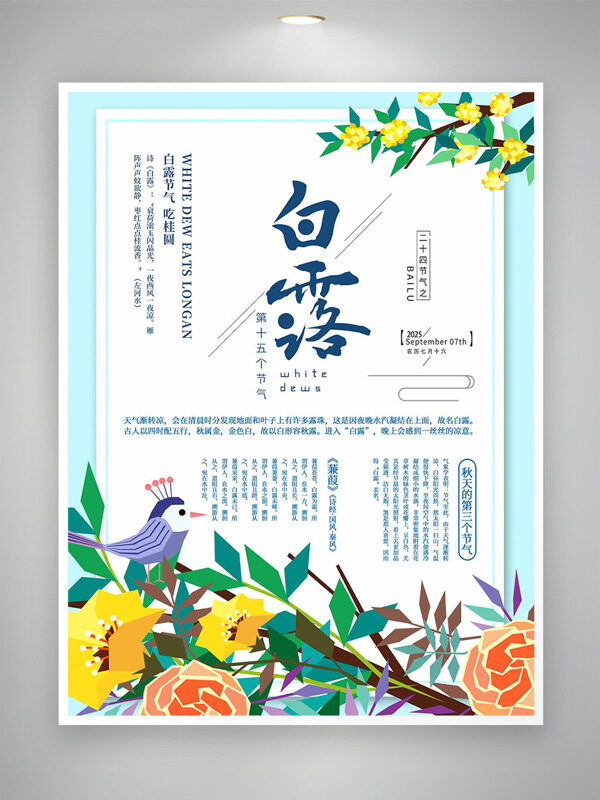 手繪彩色花朵插畫傳統(tǒng)白露節(jié)氣簡約創(chuàng)意海報
