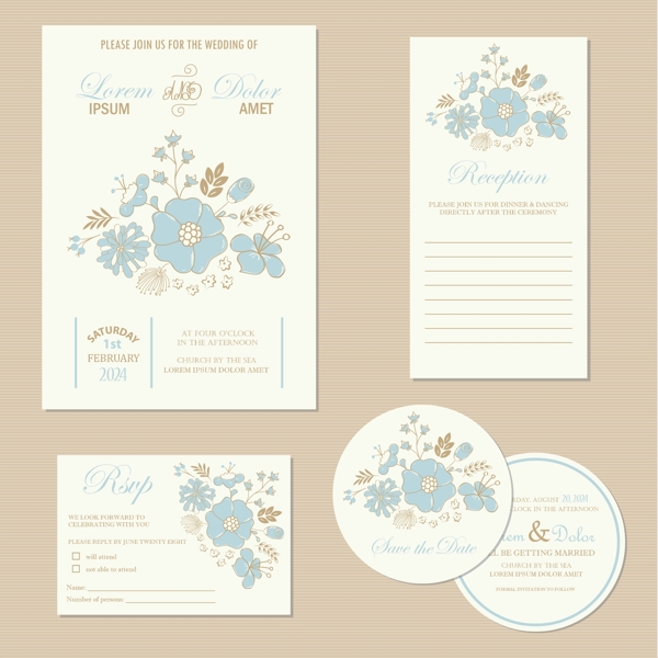 蓝色花朵婚礼卡片矢量素材