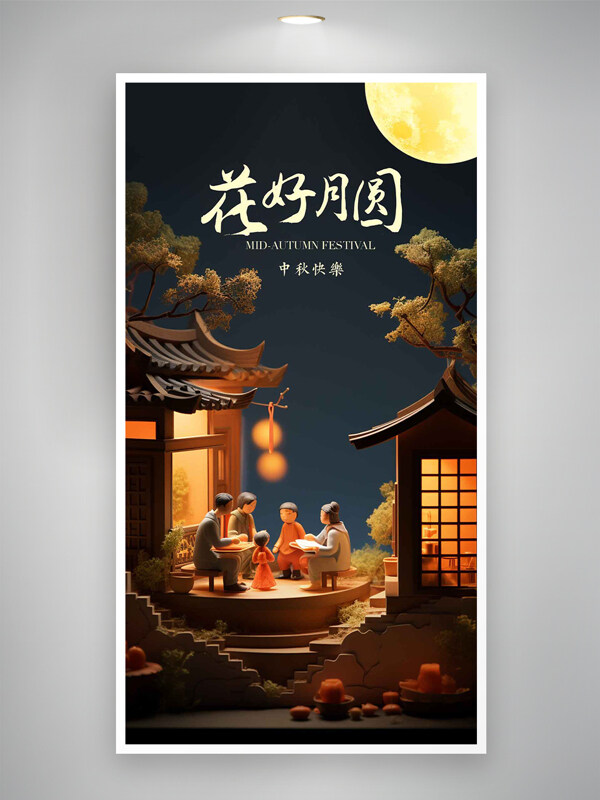 花好月圓中秋快樂立體卡通闔家團(tuán)圓海報