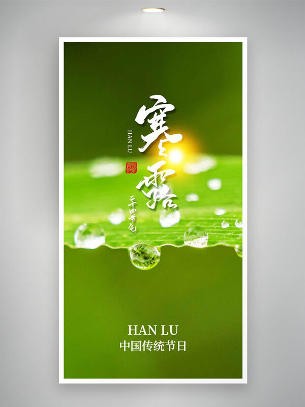 中國傳統(tǒng)節(jié)氣寒露綠色背景露珠圖案海報(bào)