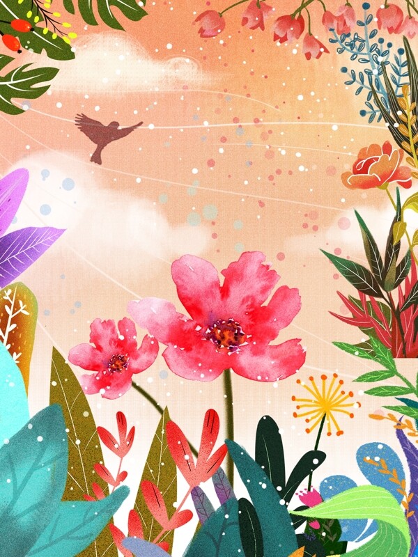 彩绘春季花丛背景设计