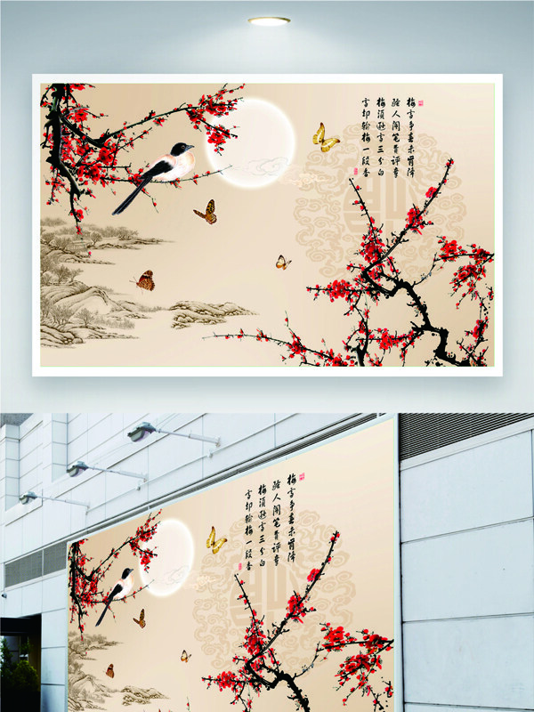 古典意境傳統(tǒng)手繪花鳥裝飾畫背景墻