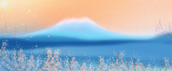 清新暖阳樱花蓝色山峦风景插画背景
