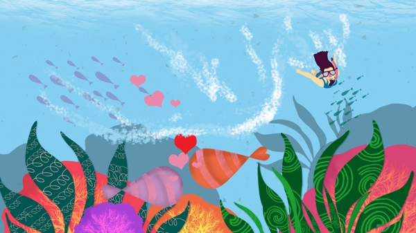 彩绘海底世界爱心潜水背景素材