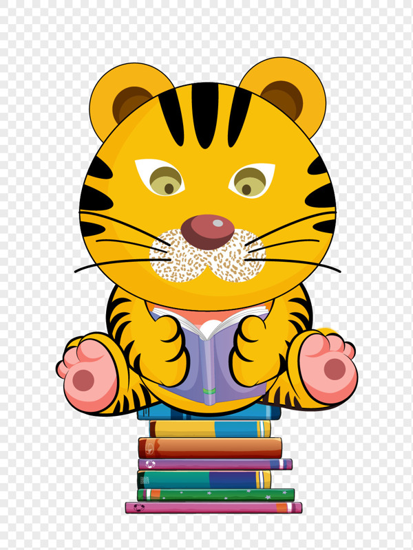 可爱小老虎坐书本上看书矢量图插画