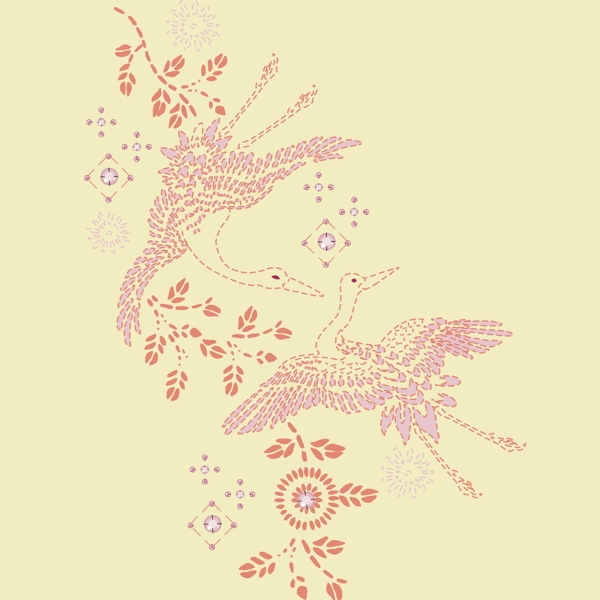 印花矢量圖印燙結(jié)合鳥仙鶴花朵免費(fèi)素材
