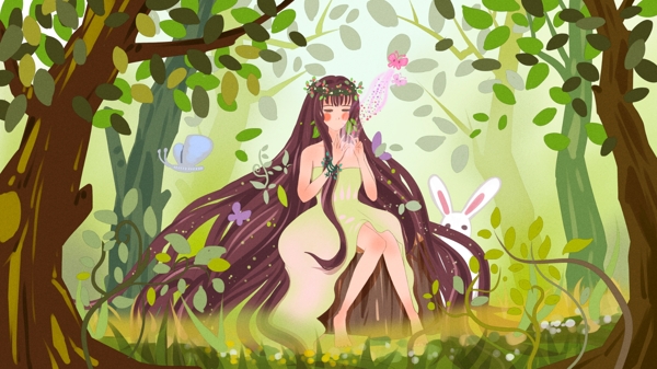 森林公主在梦幻森林里放飞蝴蝶唯美原创插画