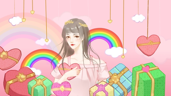 禮物女孩小清新插畫