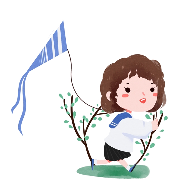 春天春游草地風(fēng)箏女孩學(xué)生卡通插畫